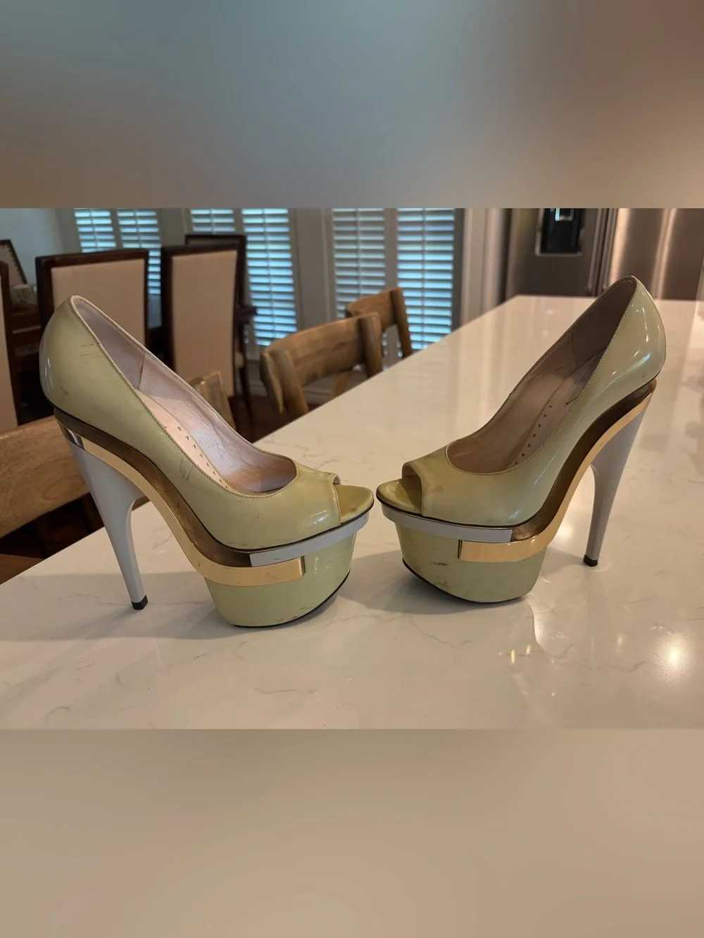 Versace Triple Platform Patent and Leather Pumps, pale green & gold